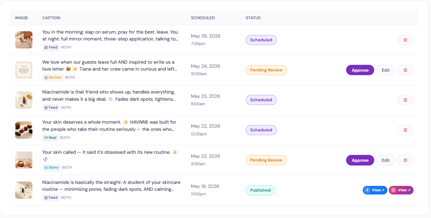 A screenshot of the PostaiLit dashboard showing a customized AI-generated post ready for review in the content calendar